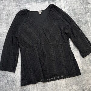J Jill Top Womens XL Black Lace Stretch V-Neck Blouse Whimsigoth Dark Boho Fairy